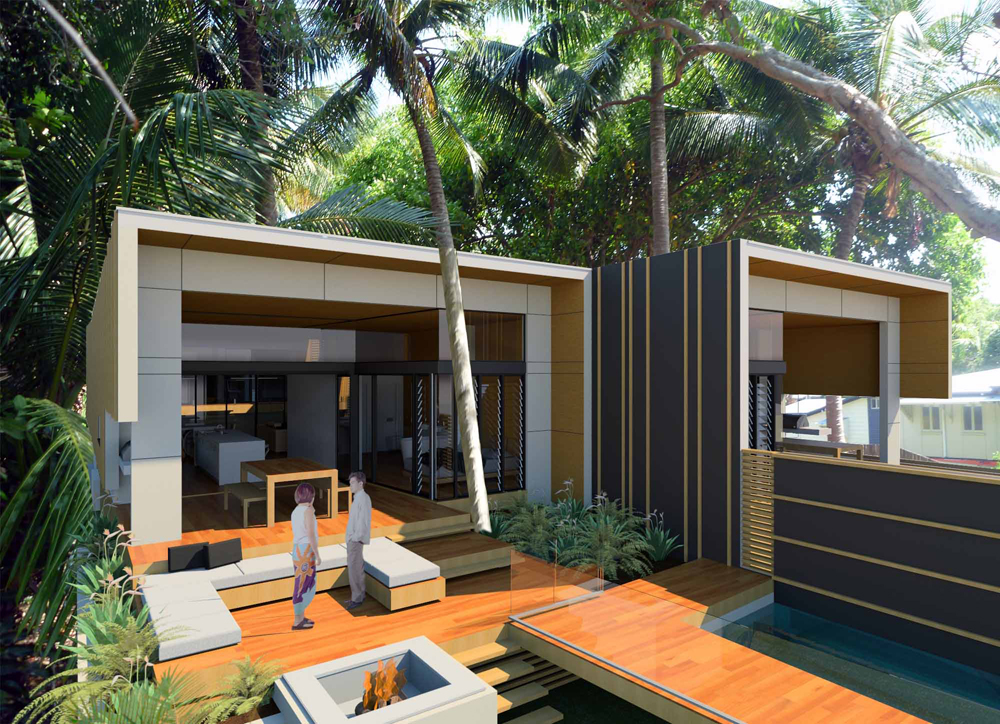 These tropical seaside townhouses were designed to maximise their unique location. The configuration provides a seamless transition from internal to external living, capturing the views while maintaining privacy from the adjoining residence.